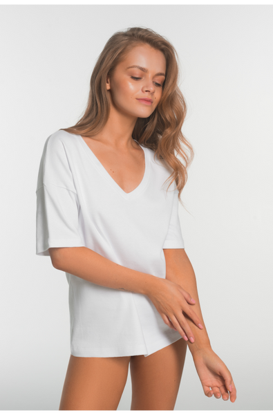 White oversize T-shirt made of thick cotton with a V-neck collar Ariela Luna L018, White, M