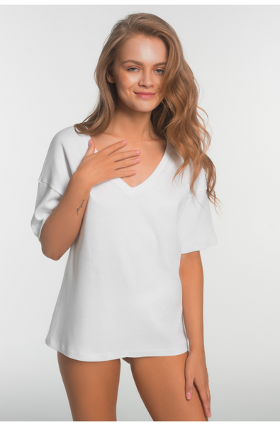 White oversize T-shirt made of thick cotton with a V-neck collar Ariela Luna L018, White, M