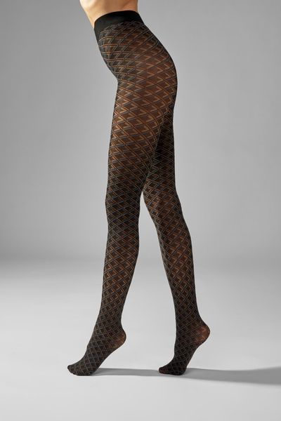 50 denier microfiber tights with 3D weave and colored diamond pattern, black ROMBI COLOR Legs L1914, Black, 1/2