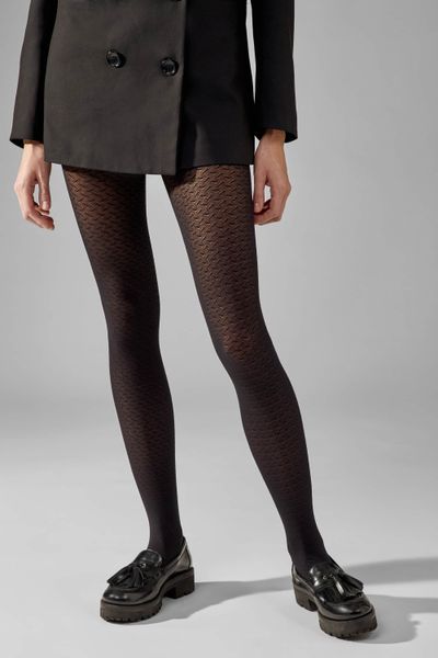 Black 40 den tights with openwork weave and a pattern of small diagonal stripes PICCOLO TRATTI LEGS L1917, Black, 1/2
